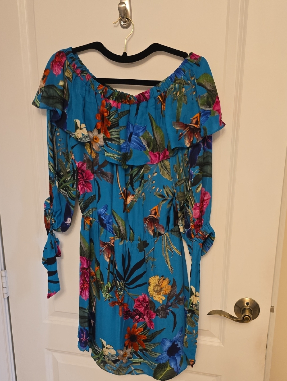 Parker Turquoise Tropical Floral Off-the-Shoulder Mini Dress